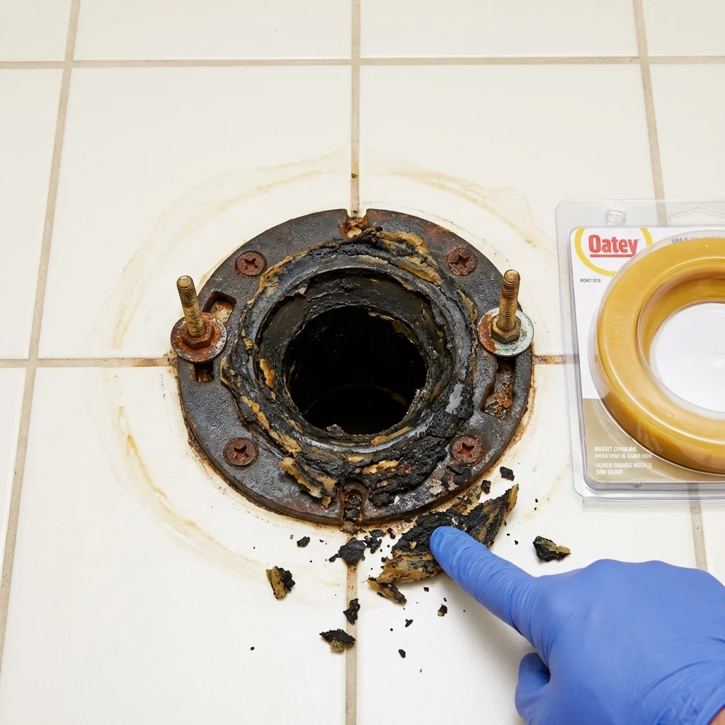 Failed wax ring showing water seepage at the base of a toilet in a New Castle, DE home