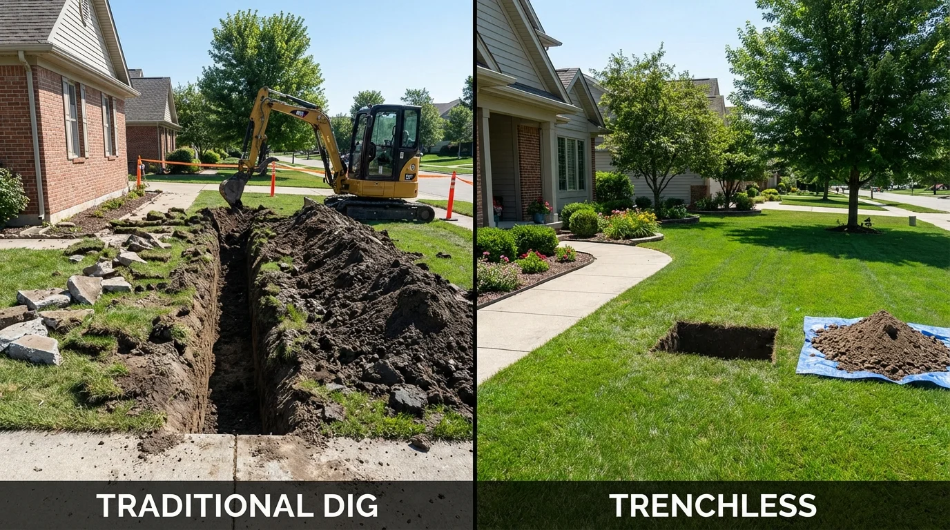 Trenchless sewer repair with minimal yard damage versus traditional excavation in New Castle, DE