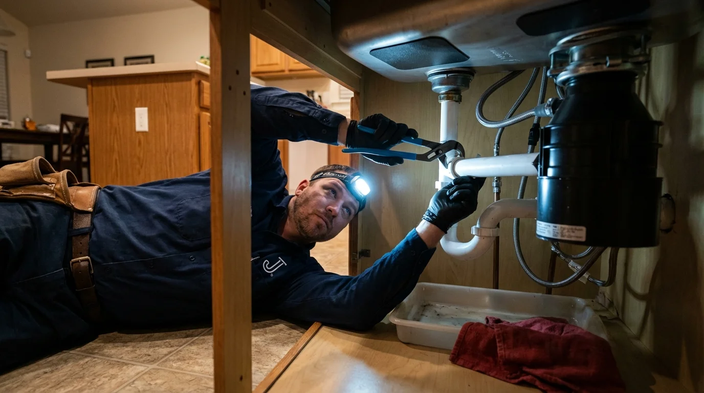 P-trap and supply line connections under a kitchen sink showing a common leak point in New Castle, DE